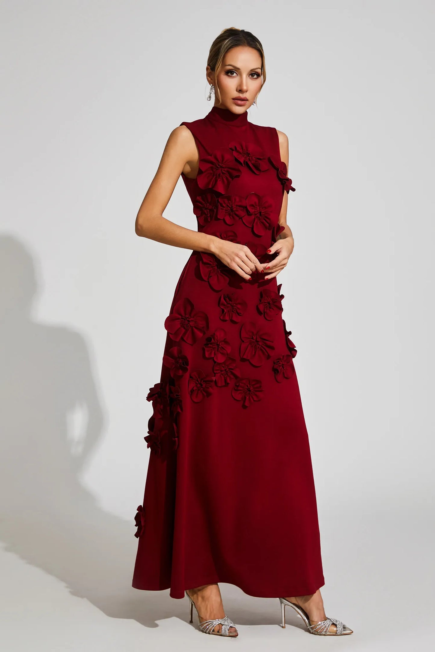 Liora Wine Red Rose Flower Maxi Dress