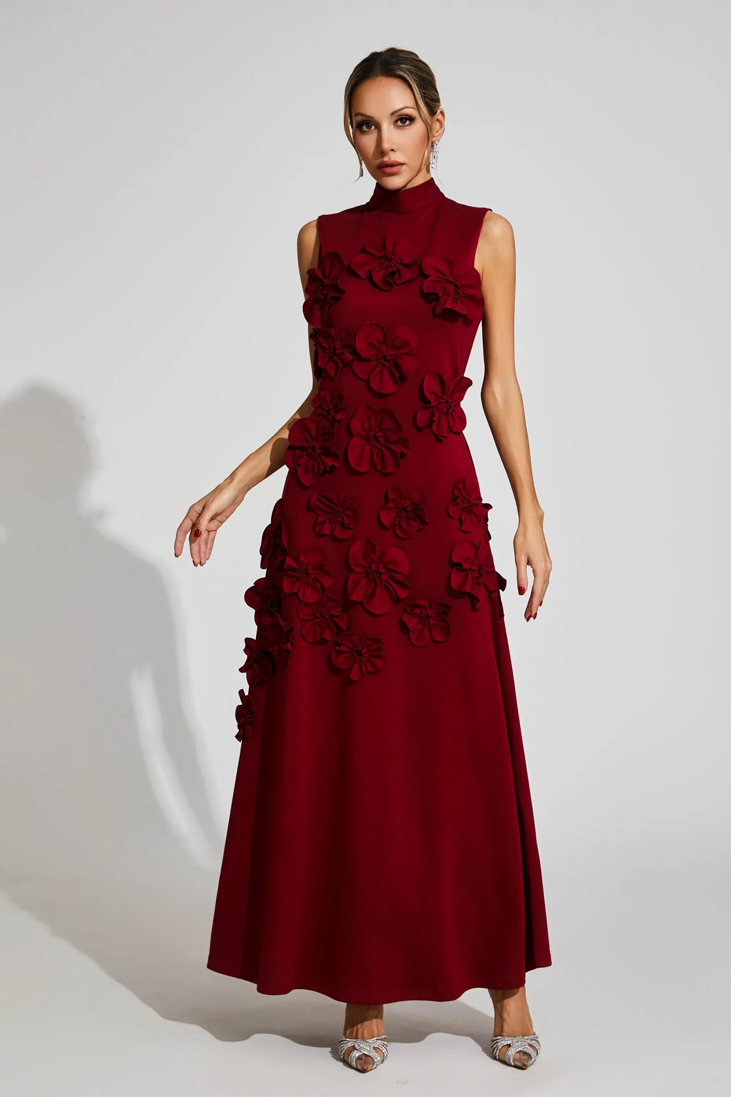 Liora Wine Red Rose Flower Maxi Dress