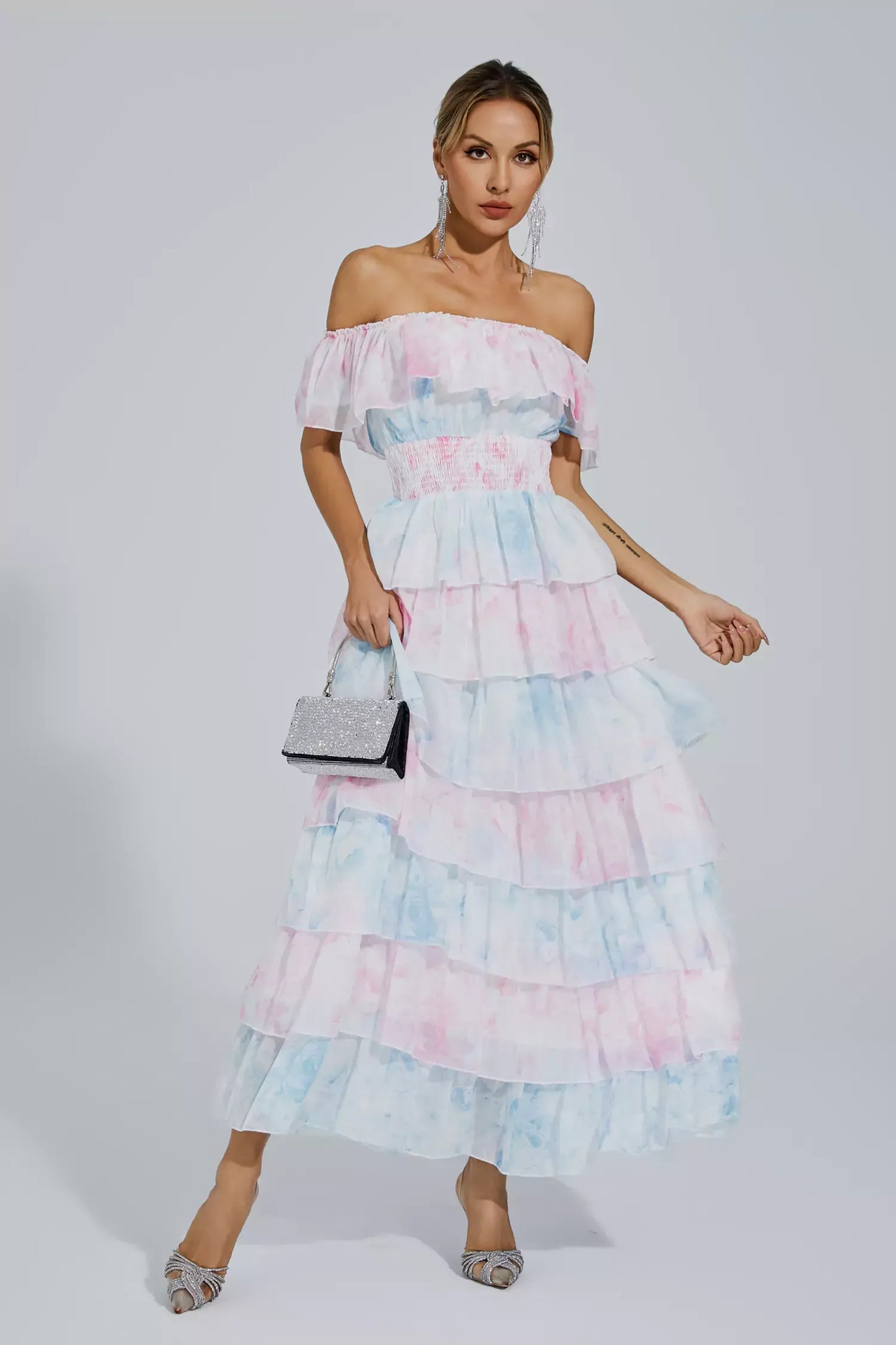 Paola Blue Pink Colored Ruched Maxi Dress