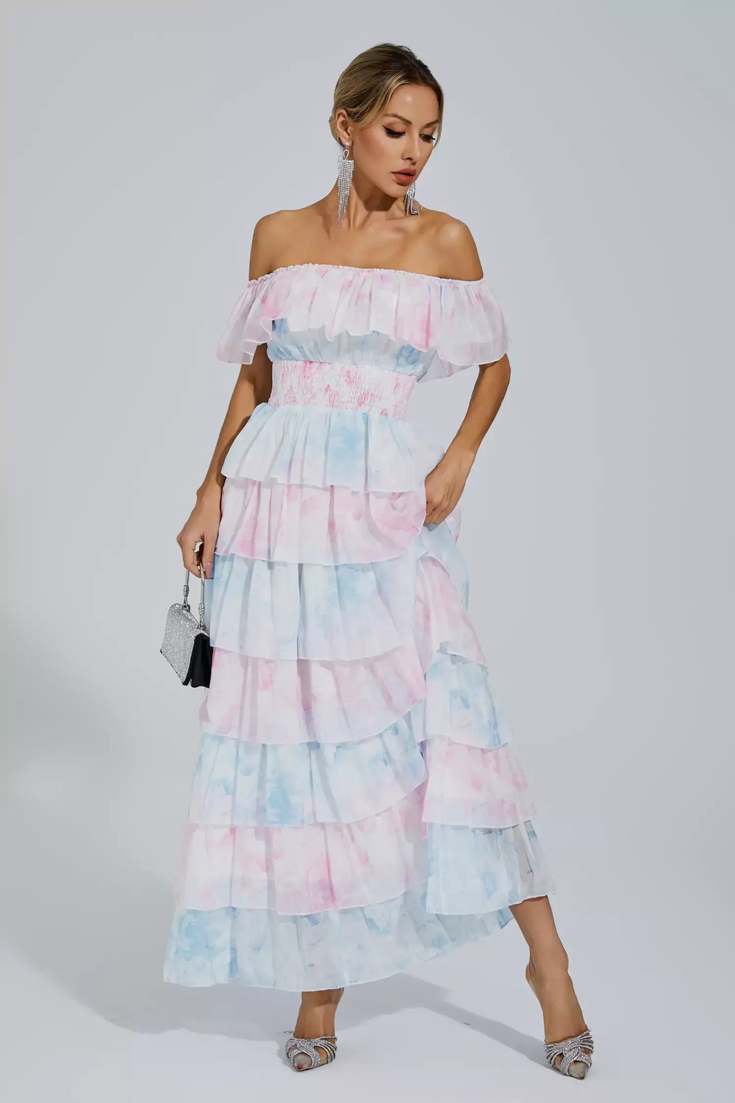 Paola Blue Pink Colored Ruched Maxi Dress