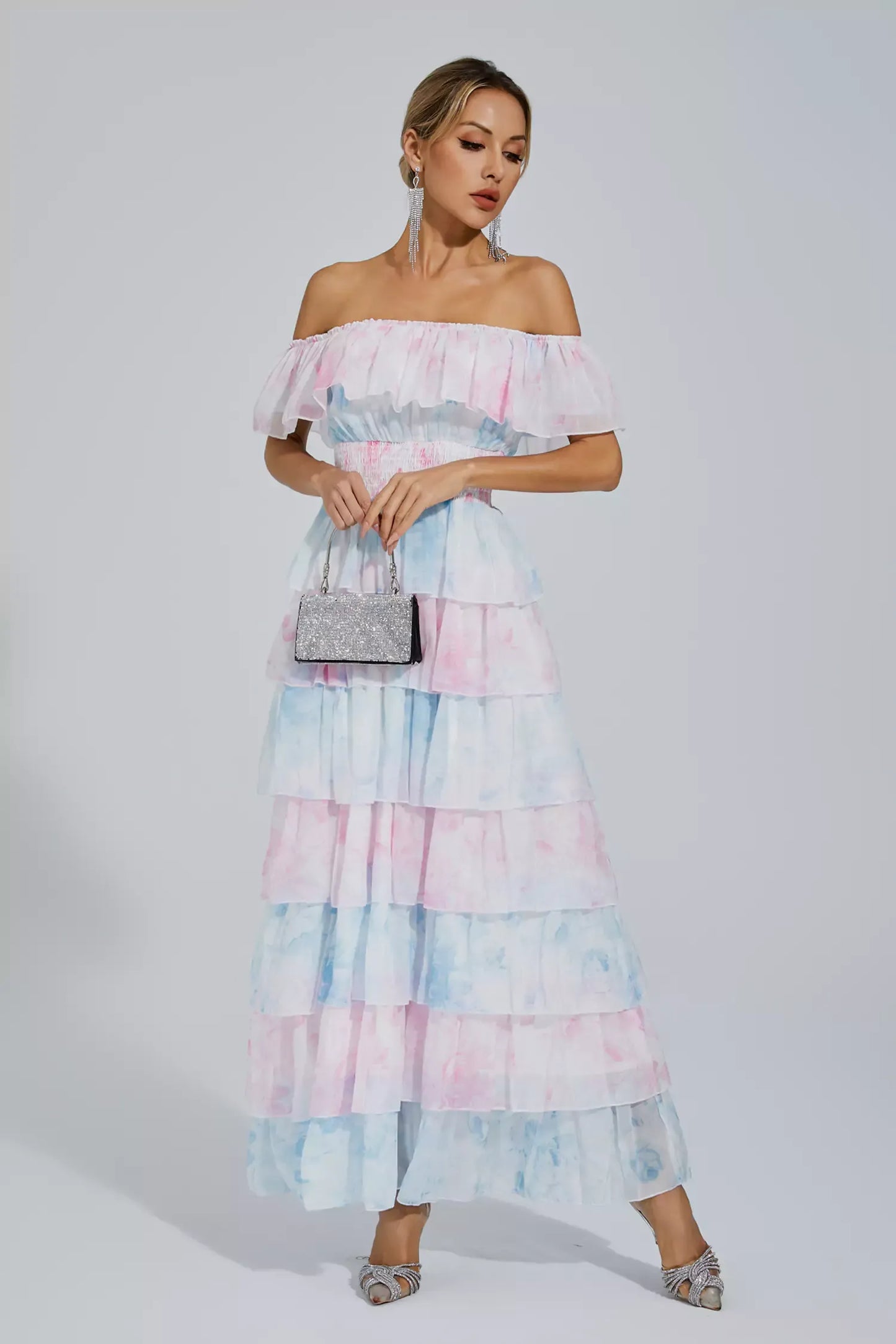 Paola Blue Pink Colored Ruched Maxi Dress