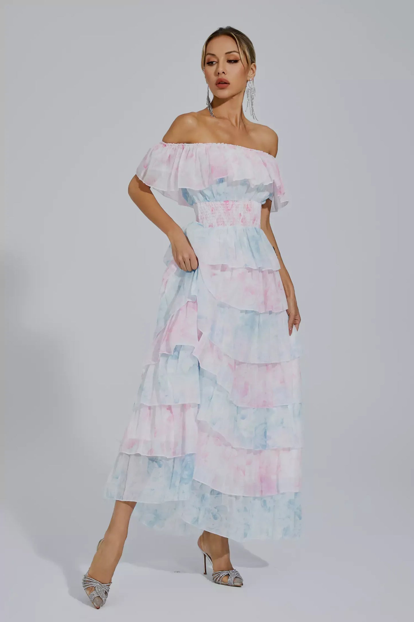 Paola Blue Pink Colored Ruched Maxi Dress