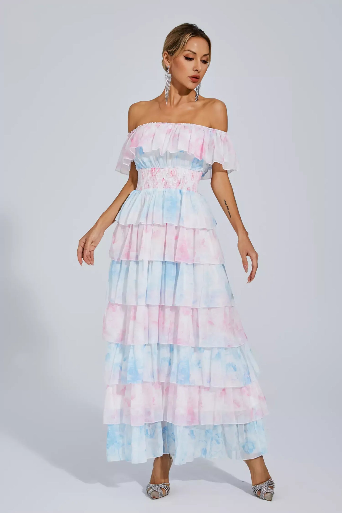 Paola Blue Pink Colored Ruched Maxi Dress