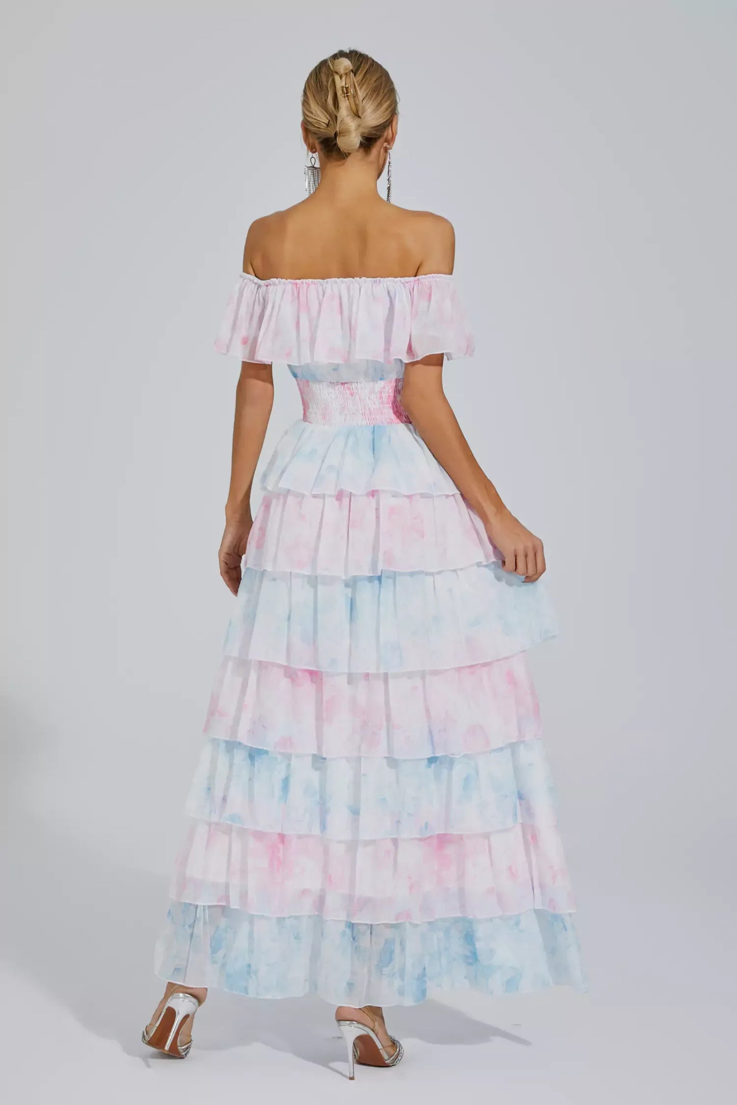 Paola Blue Pink Colored Ruched Maxi Dress