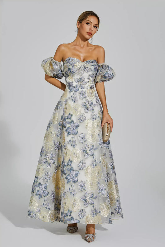 Reem Blue Flower Off Shoulder Maxi Dress