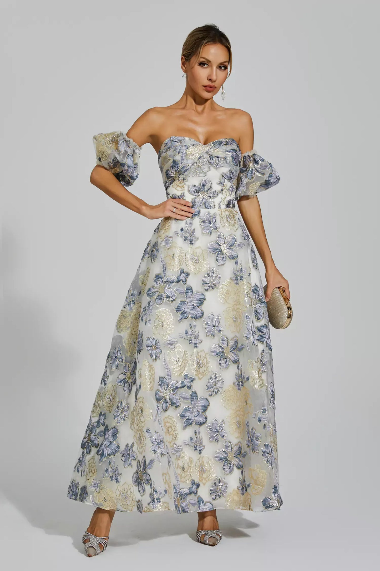 Reem Blue Flower Off Shoulder Maxi Dress