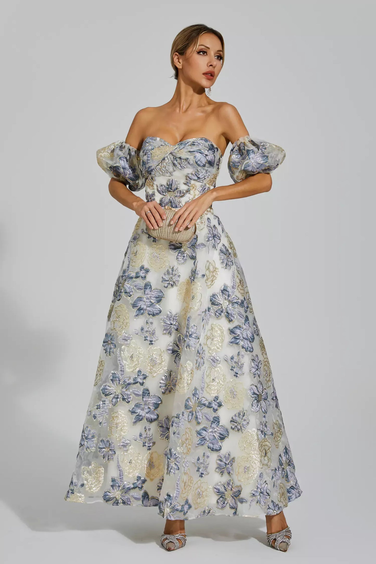 Reem Blue Flower Off Shoulder Maxi Dress