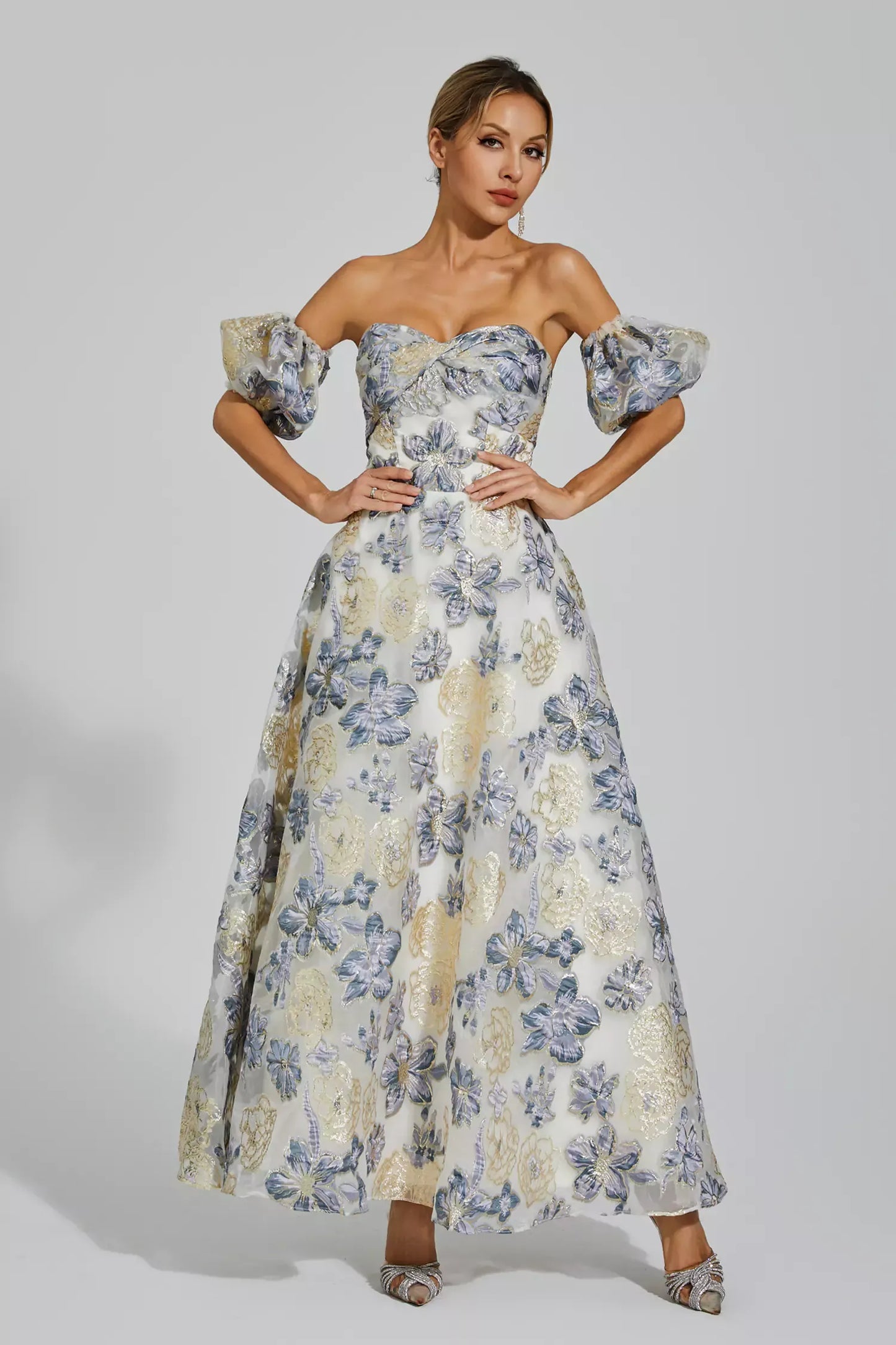 Reem Blue Flower Off Shoulder Maxi Dress