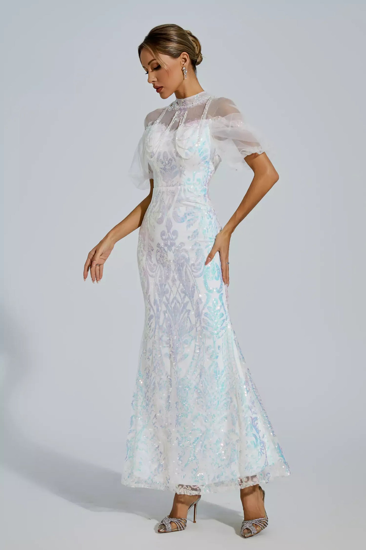 Robin White Mesh Maxi Sequin Dress