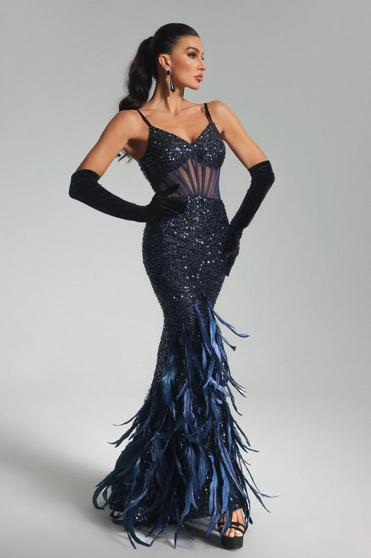 Corset Sequin Feather Maxi Dress