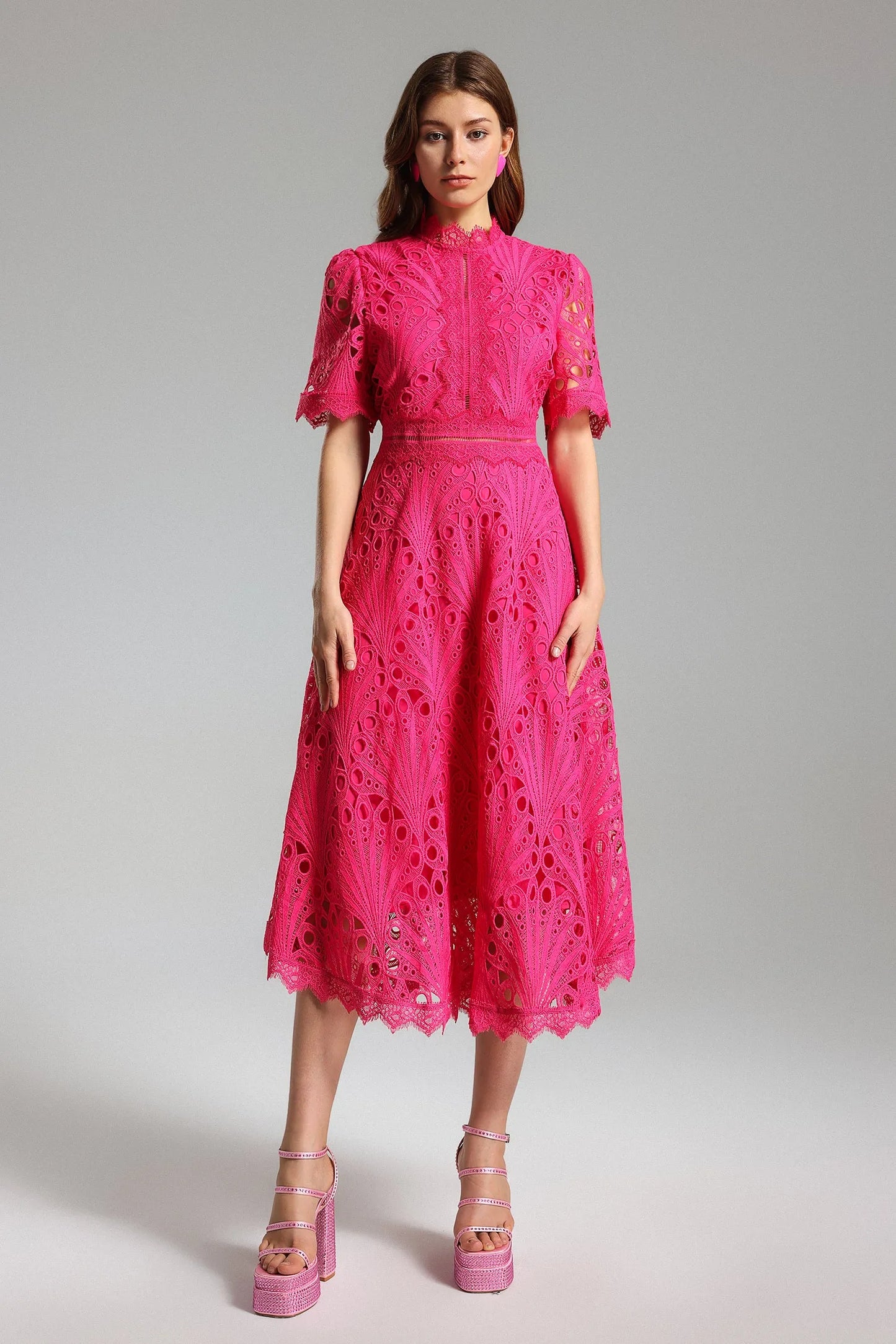 Shaylah Pink Lace Midi Dress