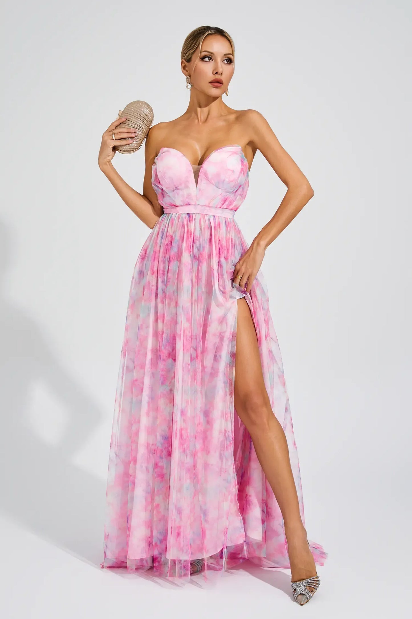 Sheila Pink Floral Slit Off Shoulder Maxi Dress