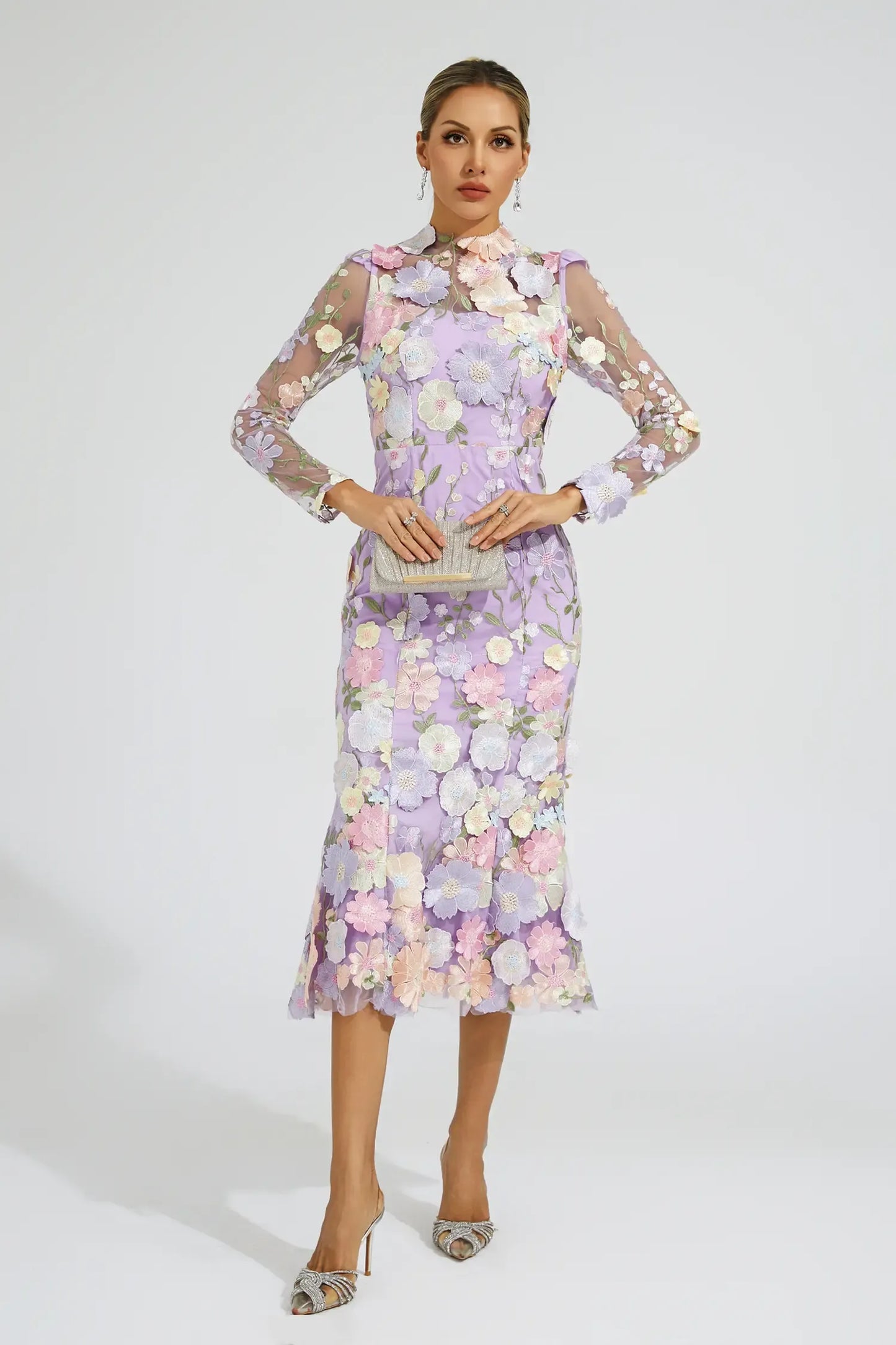 Helena Purple Flower Embroidered Midi Dress