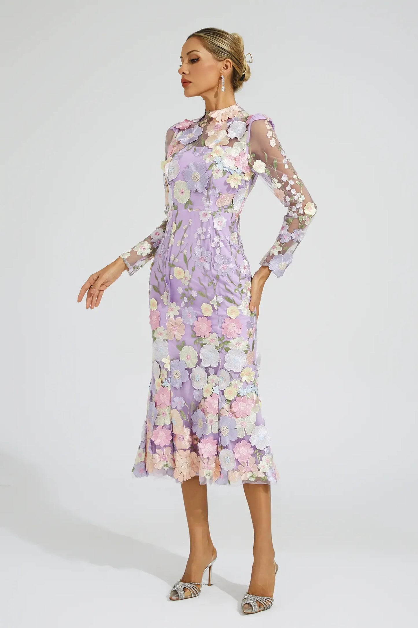 Helena Purple Flower Embroidered Midi Dress