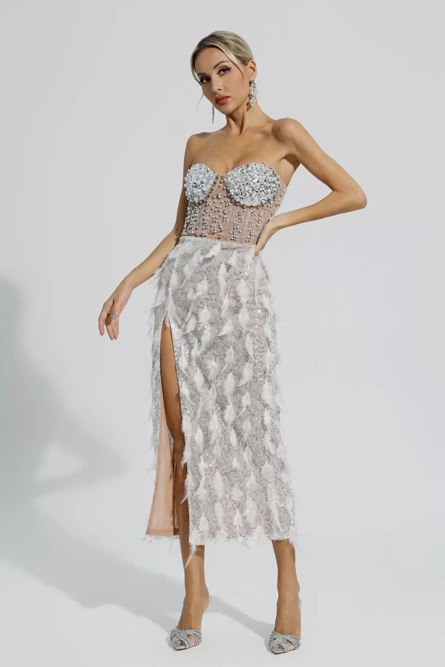 Siena White Feather Tube Top Maxi Dress