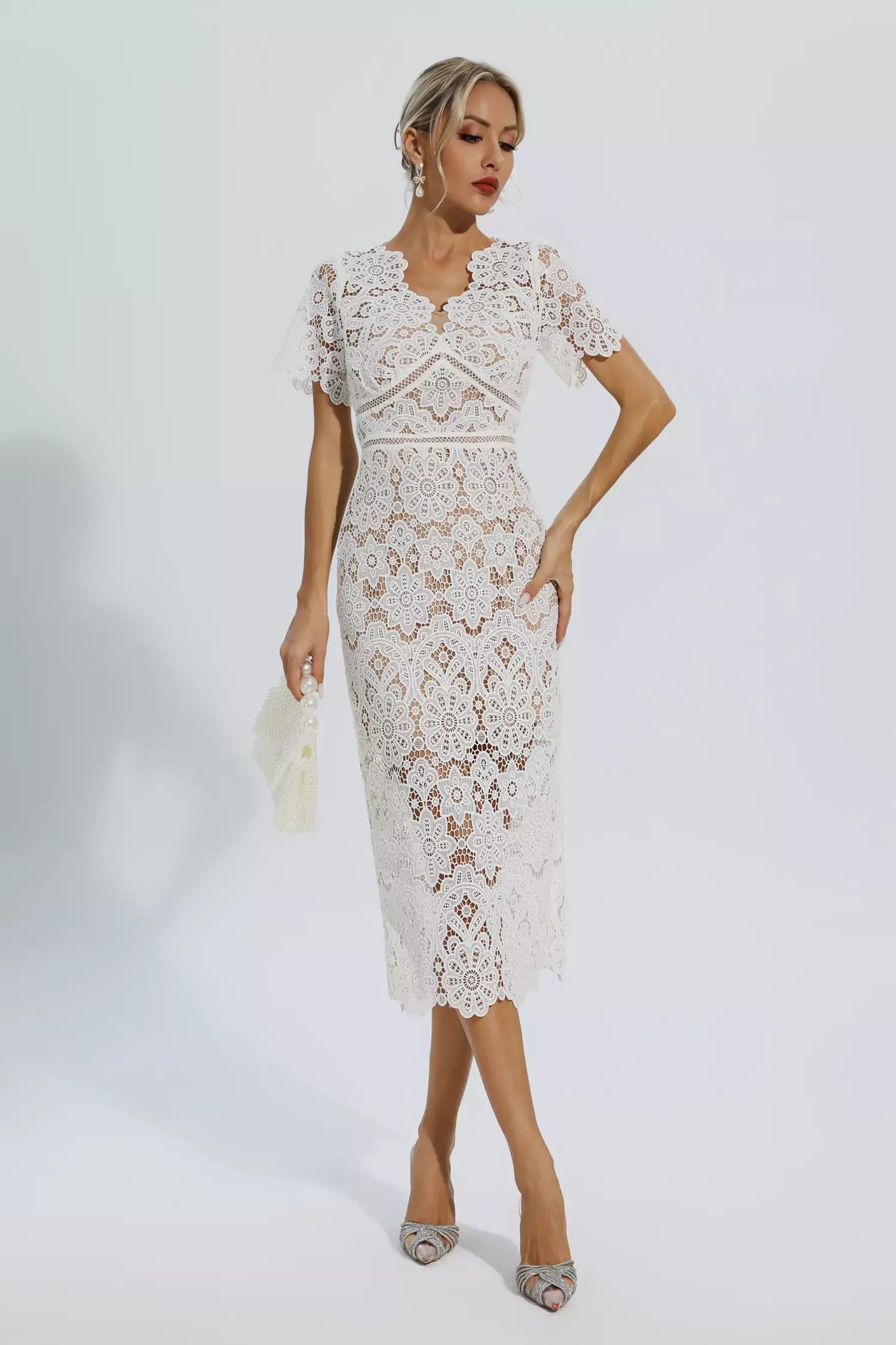 Skyler White Lace Cutout Midi Dress