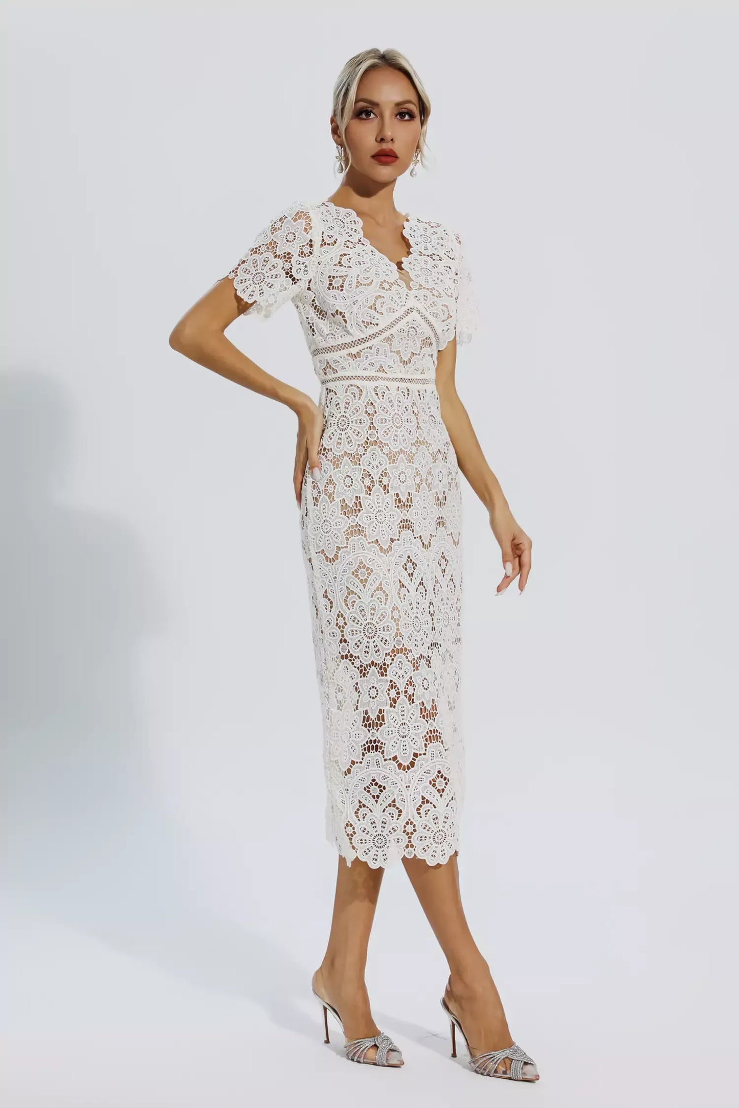 Skyler White Lace Cutout Midi Dress