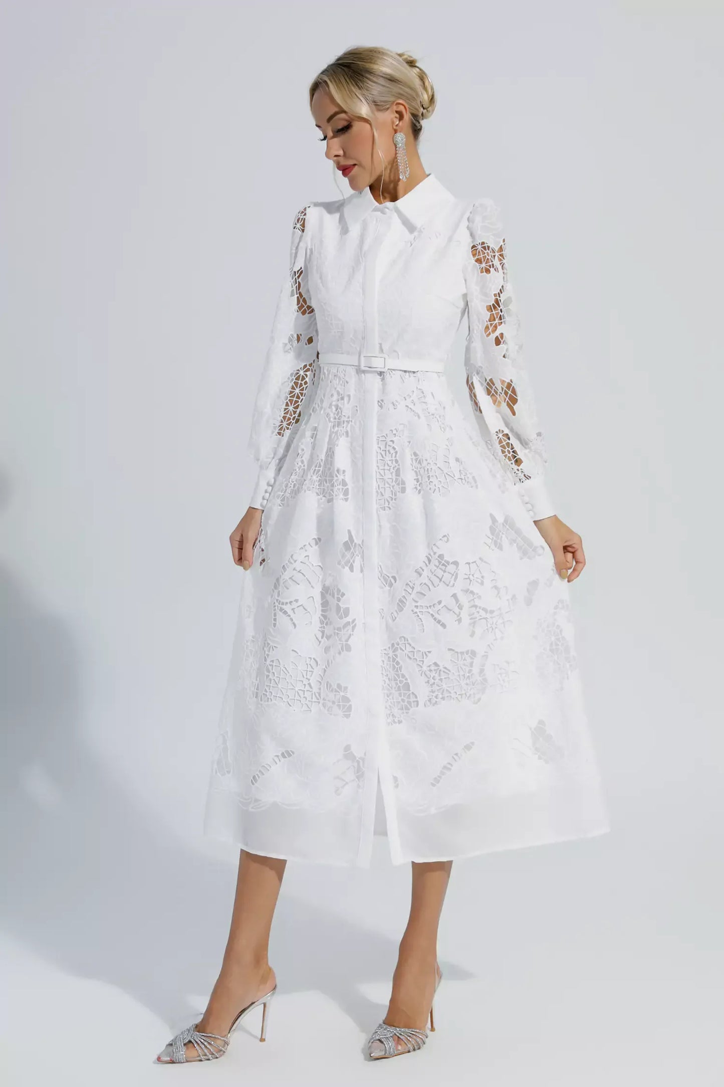 Sloan White Hollow Long Sleeve Midi Dress