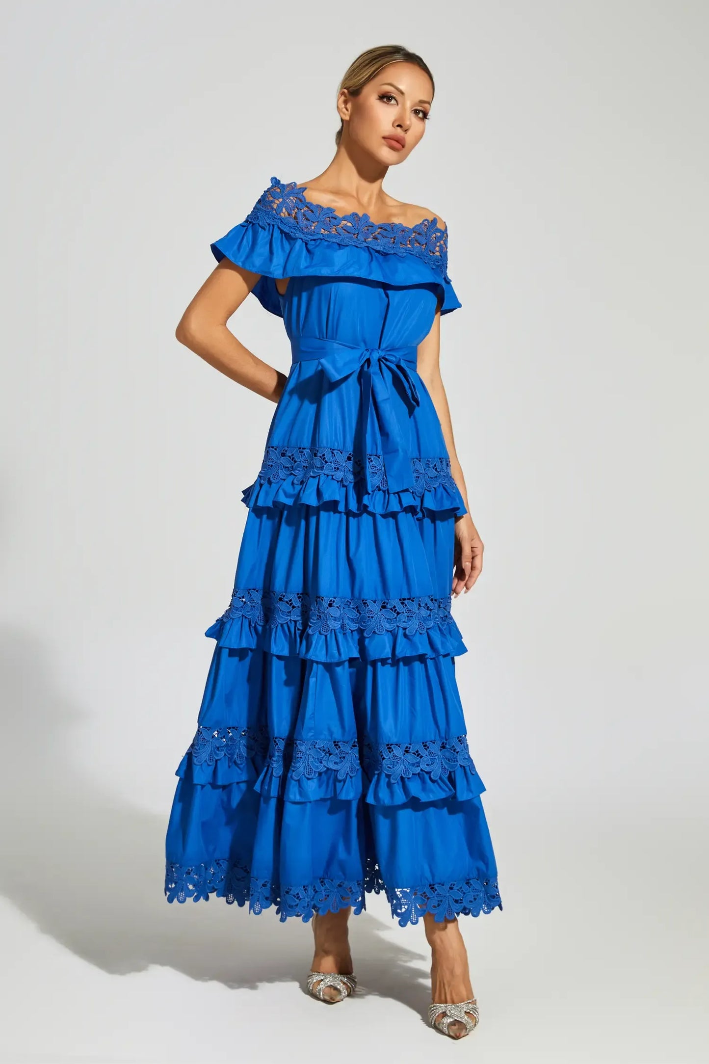 Soraya Marine Blue Ruffle Off Shoulder Maxi Dress