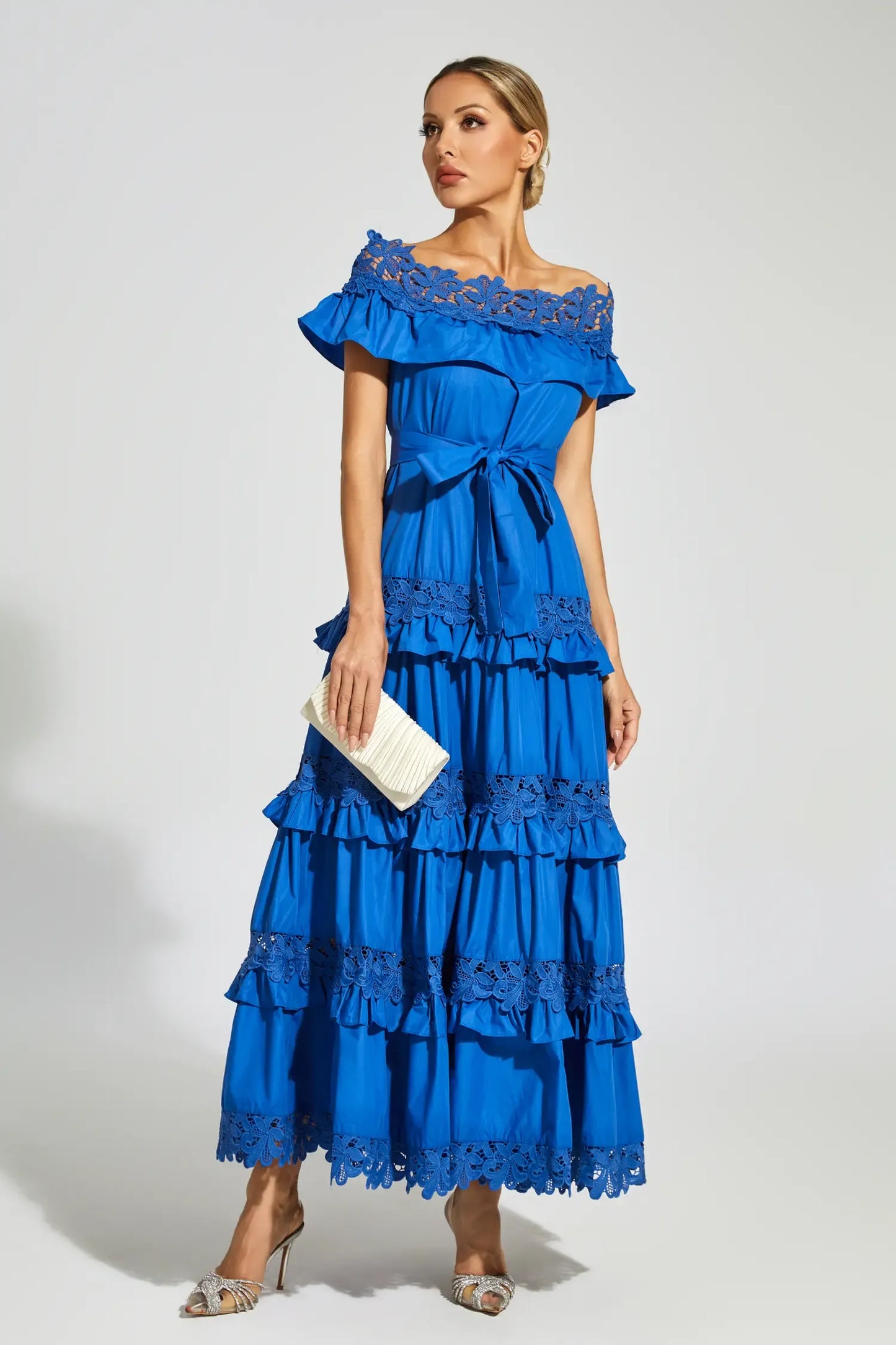 Soraya Marine Blue Ruffle Off Shoulder Maxi Dress