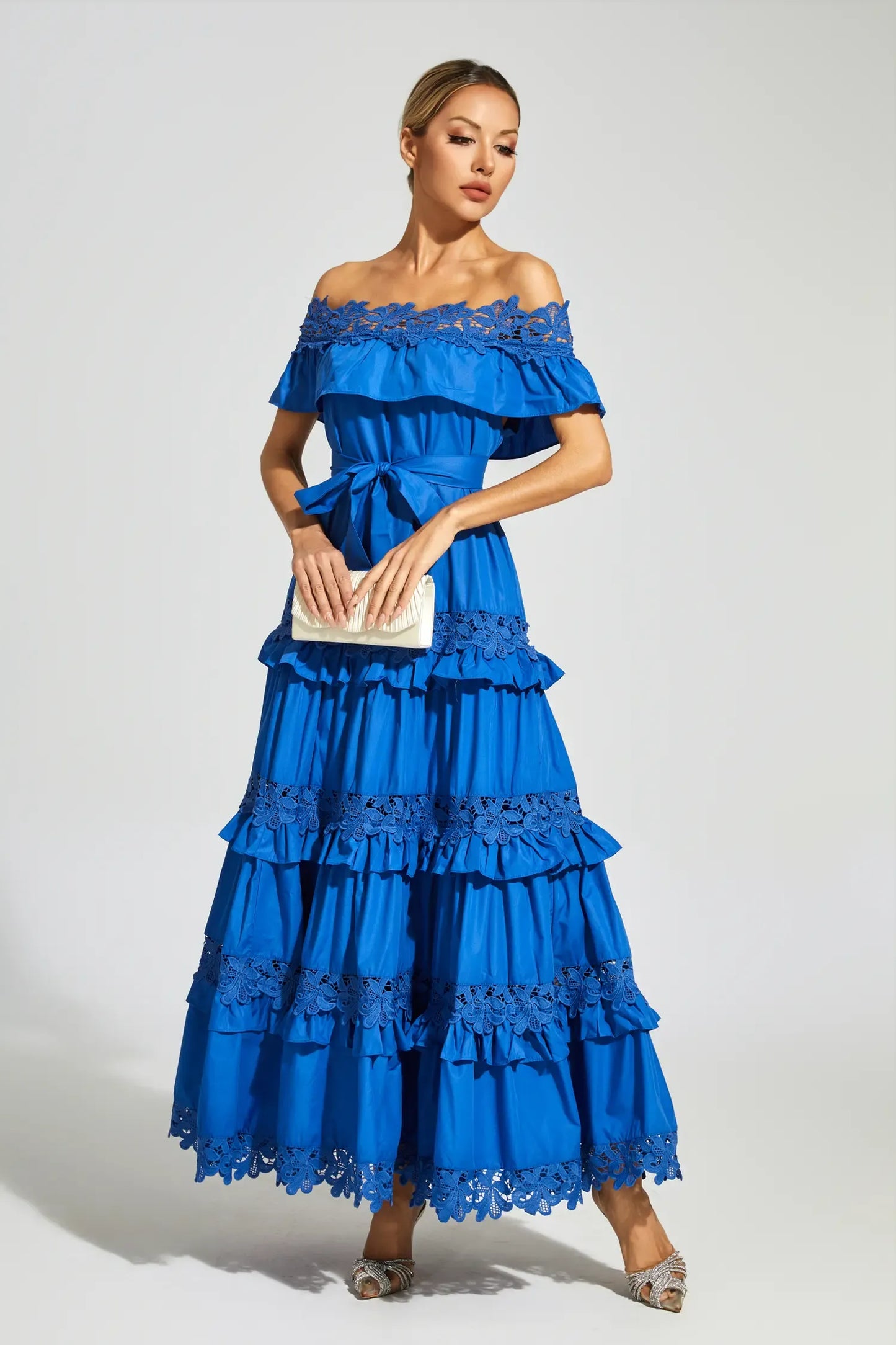 Soraya Marine Blue Ruffle Off Shoulder Maxi Dress