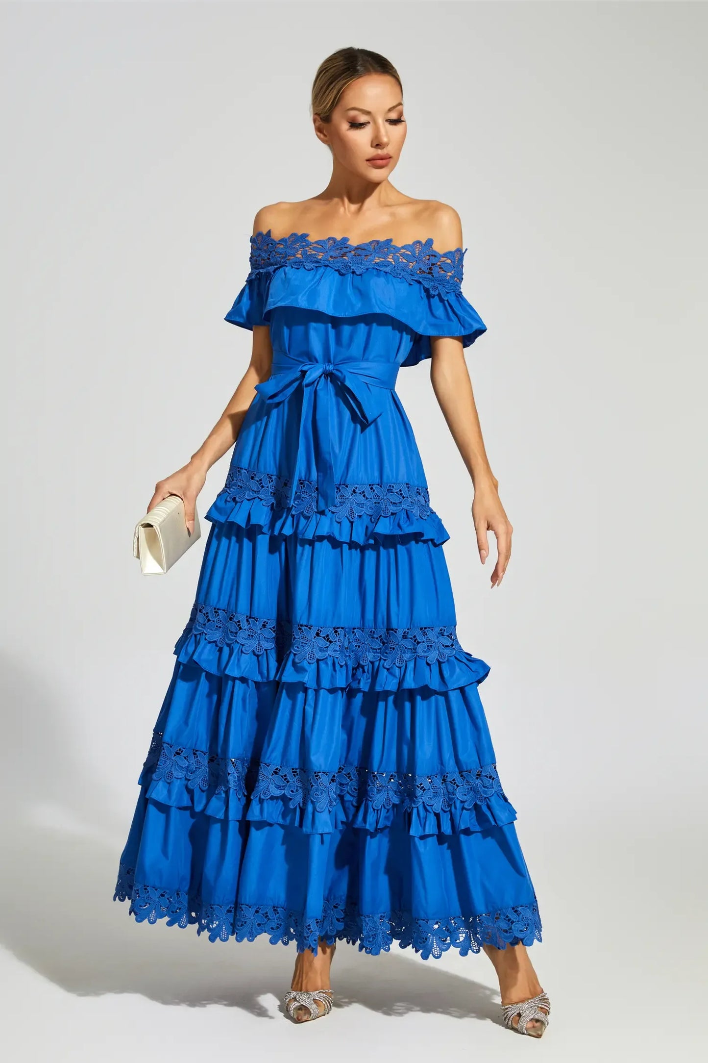 Soraya Marine Blue Ruffle Off Shoulder Maxi Dress