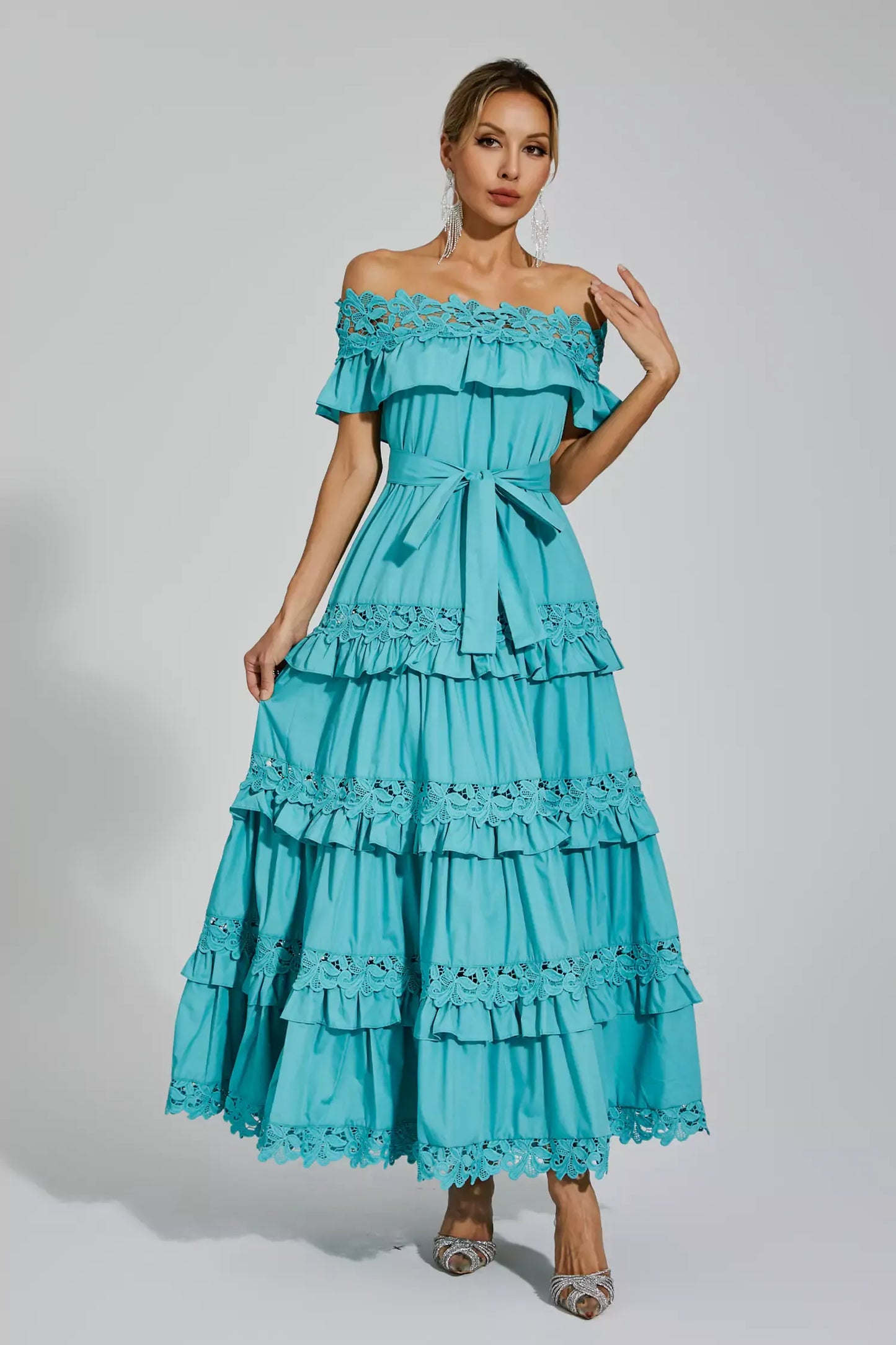 Soraya Blue Ruffle Off Shoulder Maxi Dress