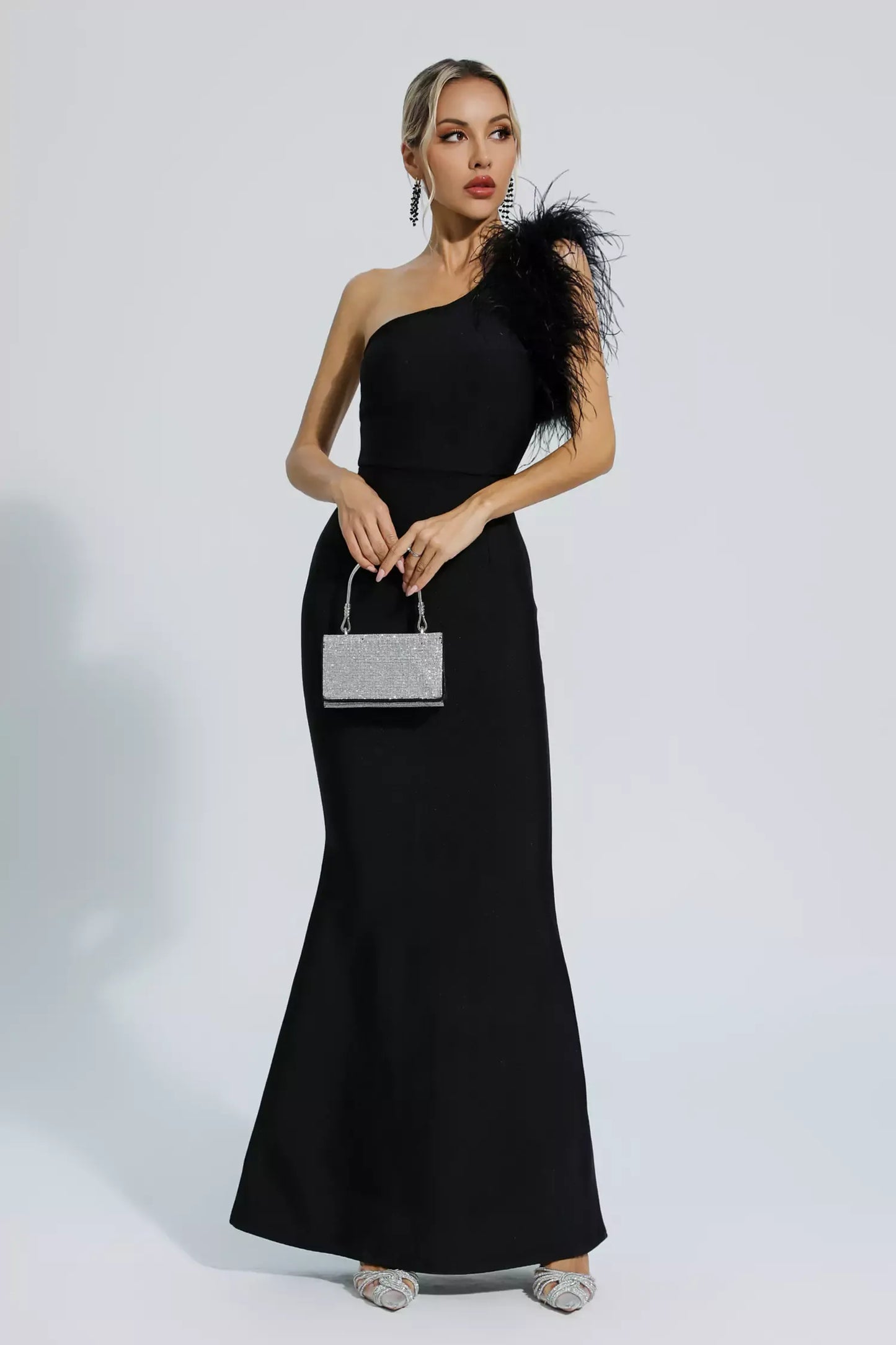 Tiana Black One Shoulder Feather Bandage Maxi Dress