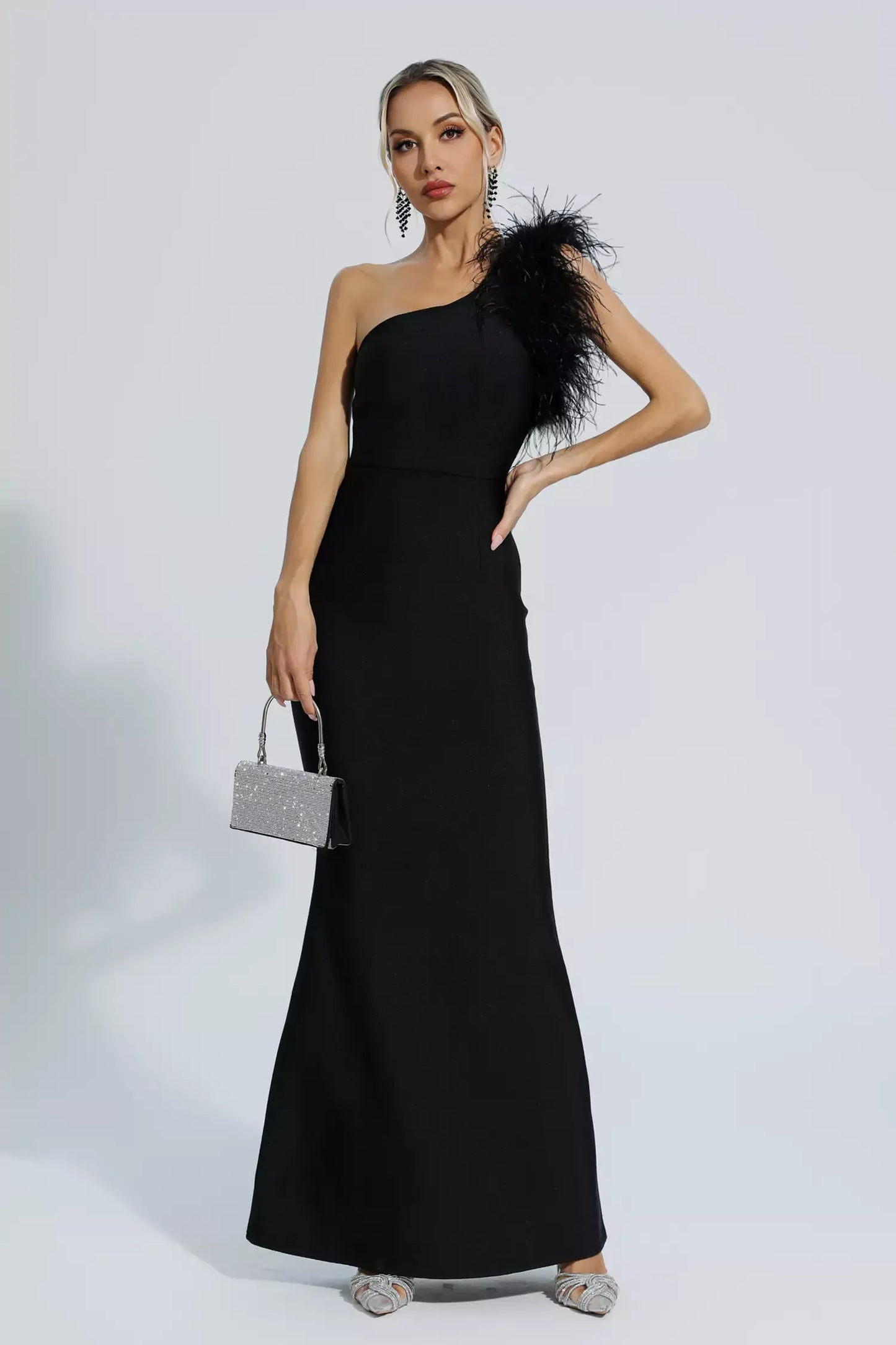 Tiana Black One Shoulder Feather Bandage Maxi Dress