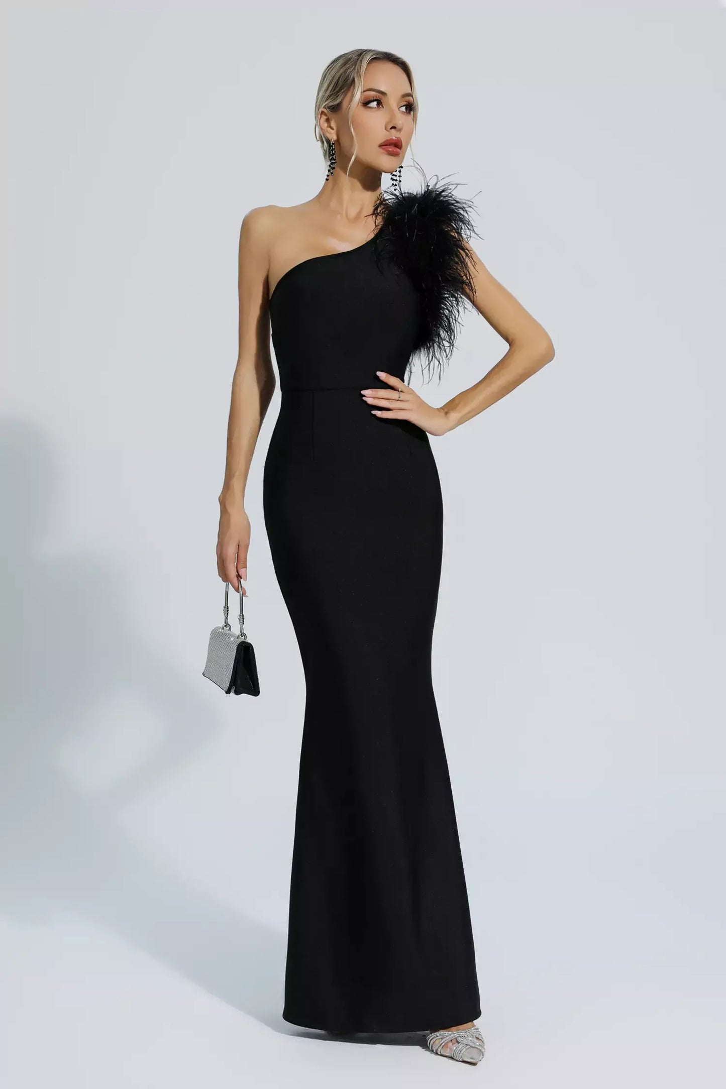 Tiana Black One Shoulder Feather Bandage Maxi Dress