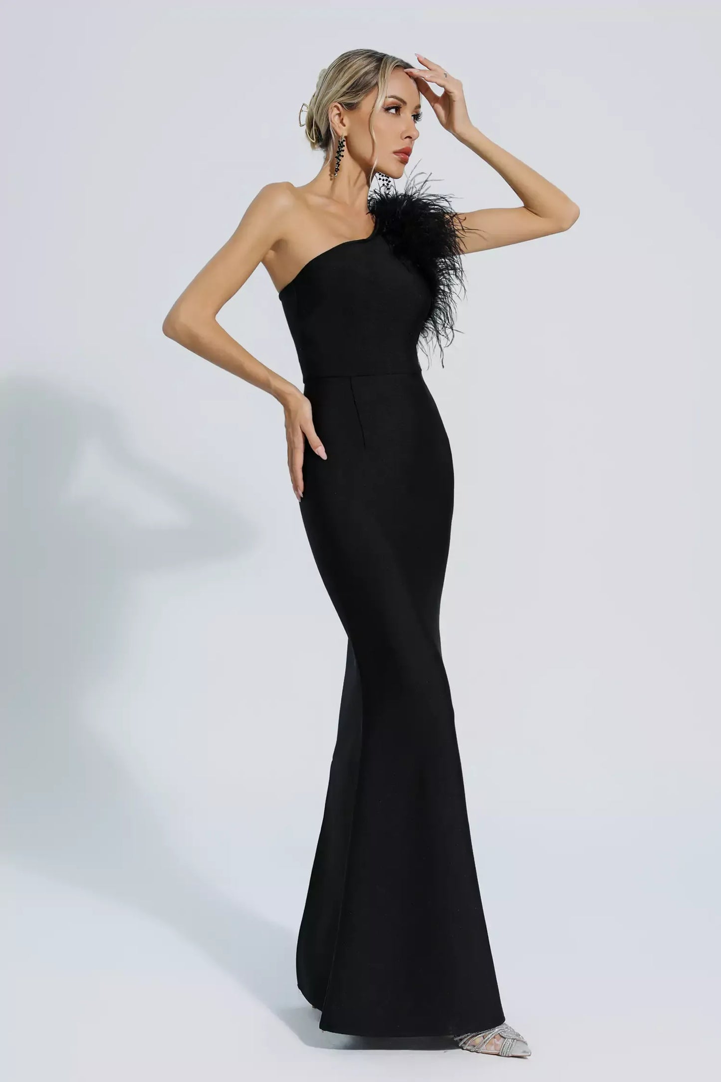 Tiana Black One Shoulder Feather Bandage Maxi Dress