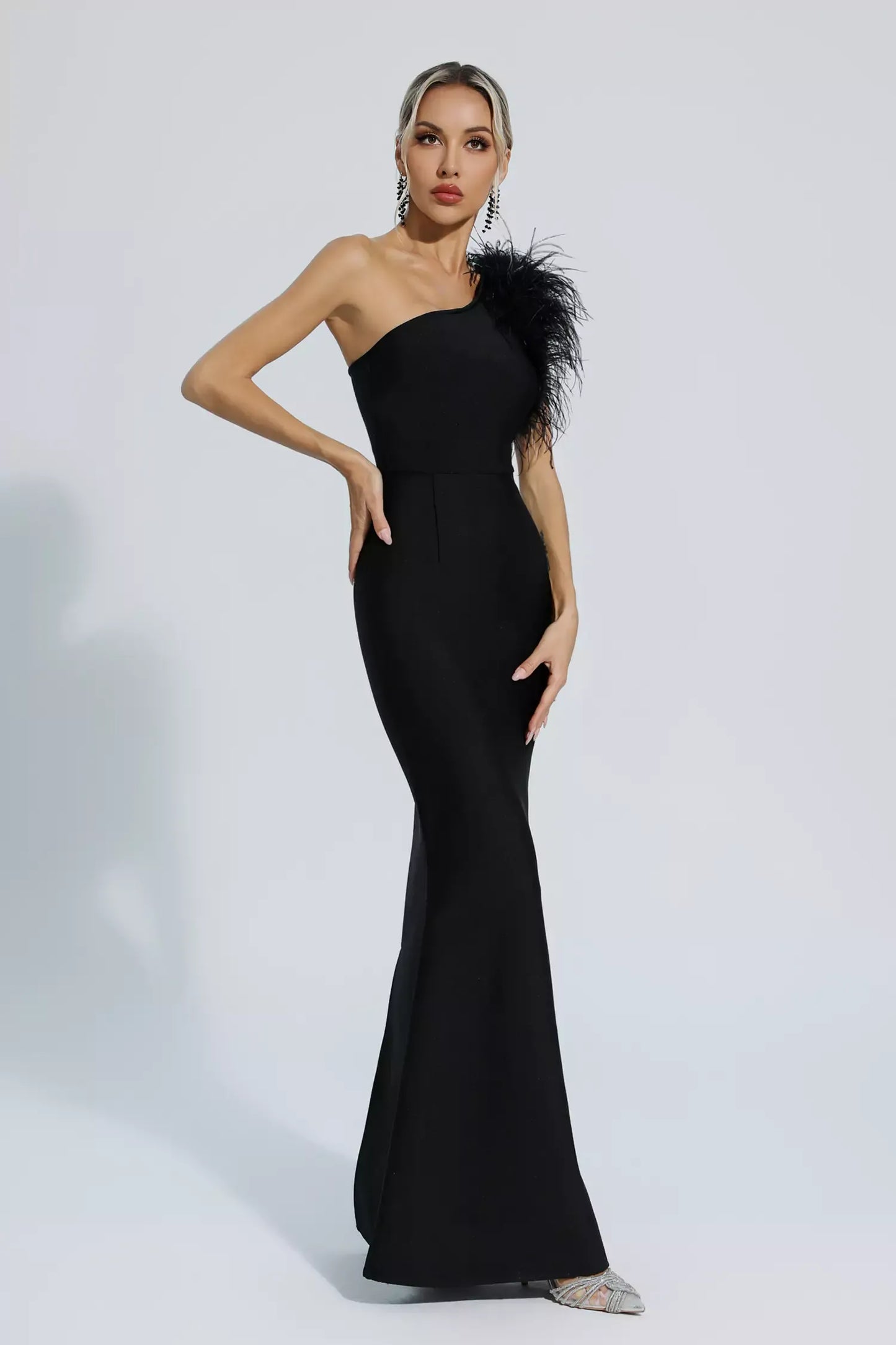 Tiana Black One Shoulder Feather Bandage Maxi Dress