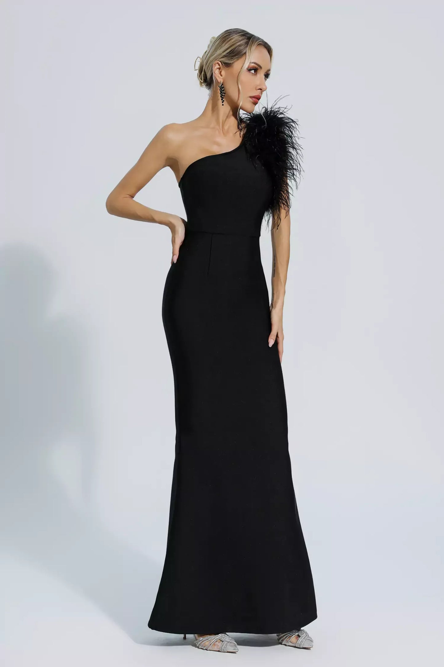 Tiana Black One Shoulder Feather Bandage Maxi Dress