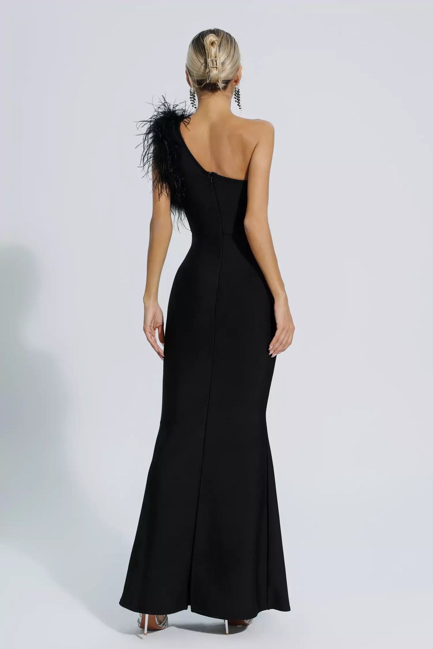 Tiana Black One Shoulder Feather Bandage Maxi Dress