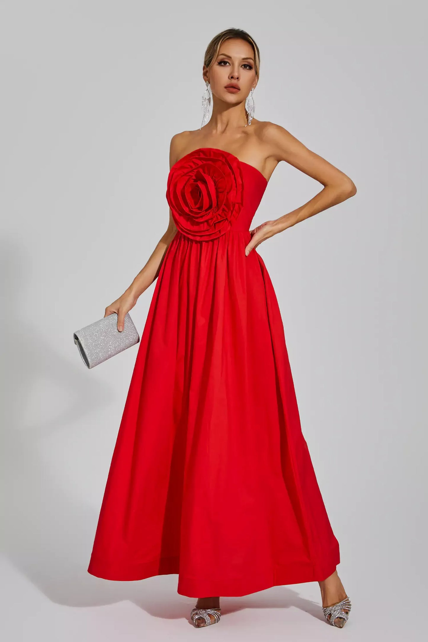 Tori Red Rose Flower Off Shoulder Maxi Dress