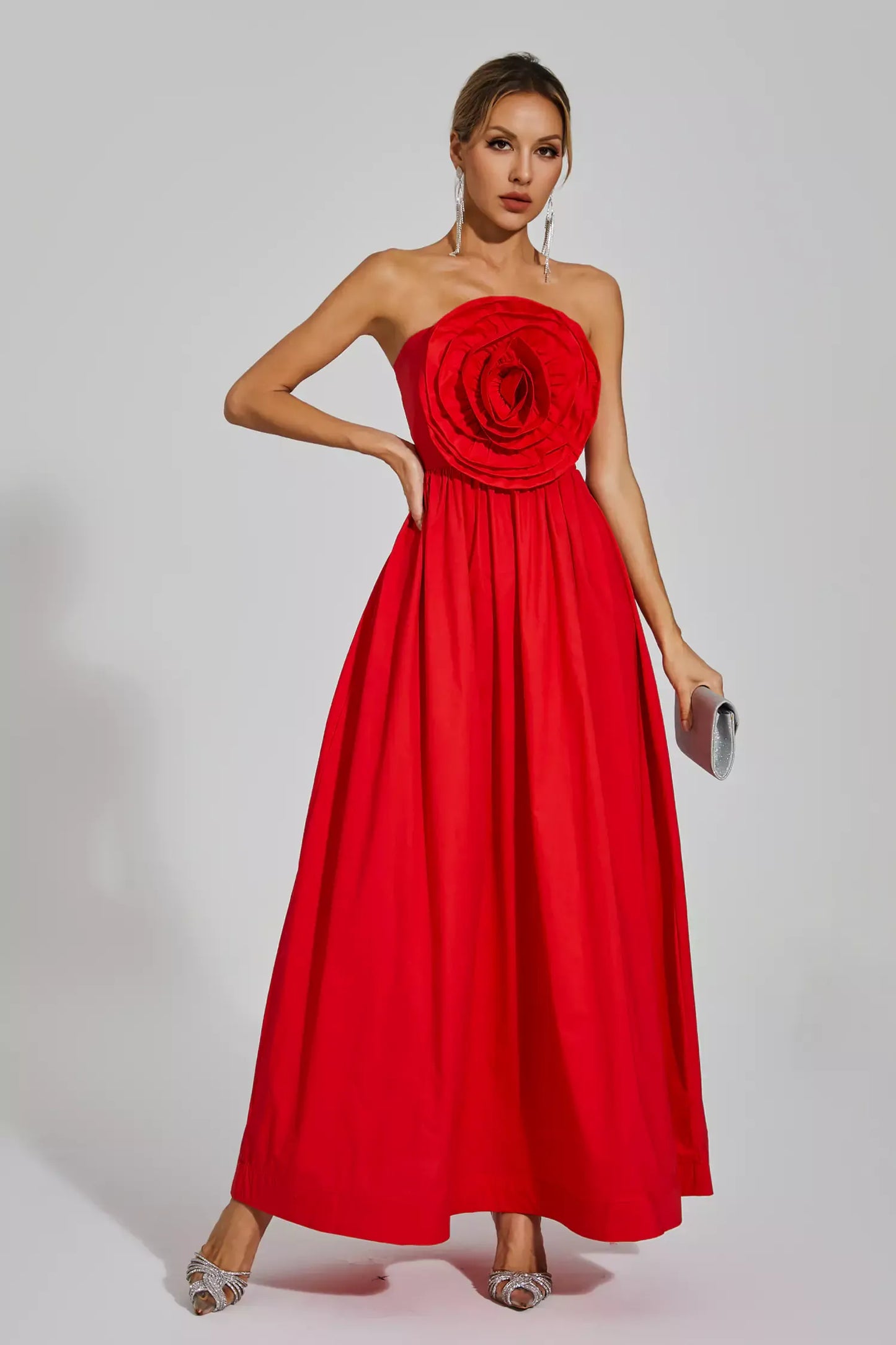 Tori Red Rose Flower Off Shoulder Maxi Dress