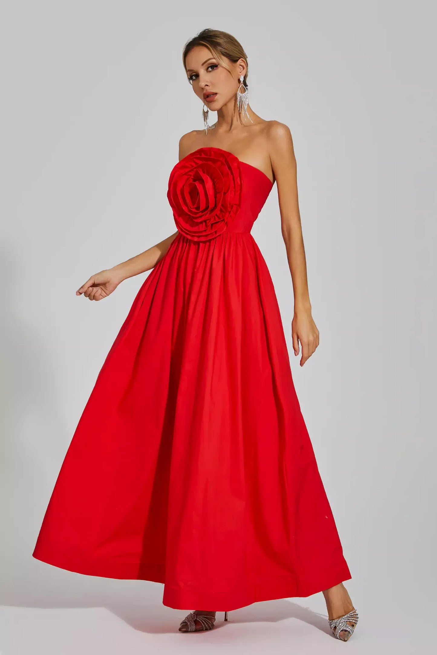 Tori Red Rose Flower Off Shoulder Maxi Dress