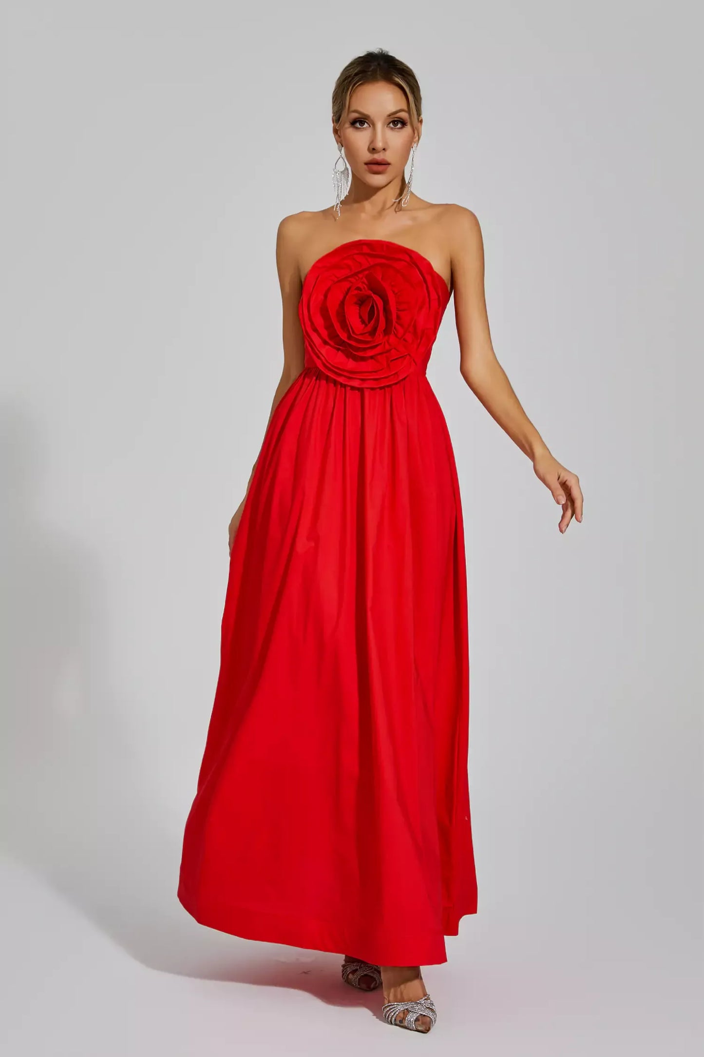 Tori Red Rose Flower Off Shoulder Maxi Dress