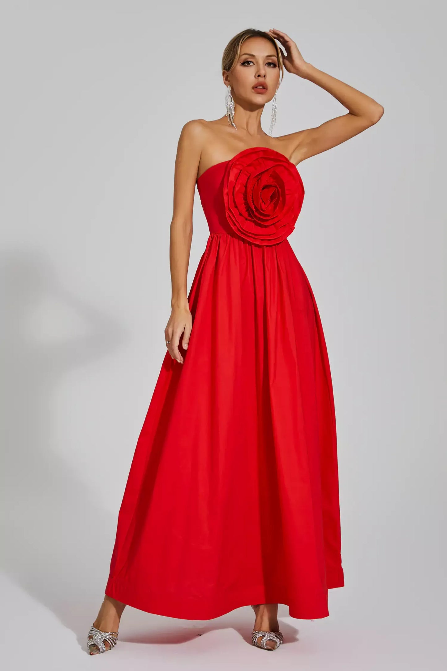 Tori Red Rose Flower Off Shoulder Maxi Dress