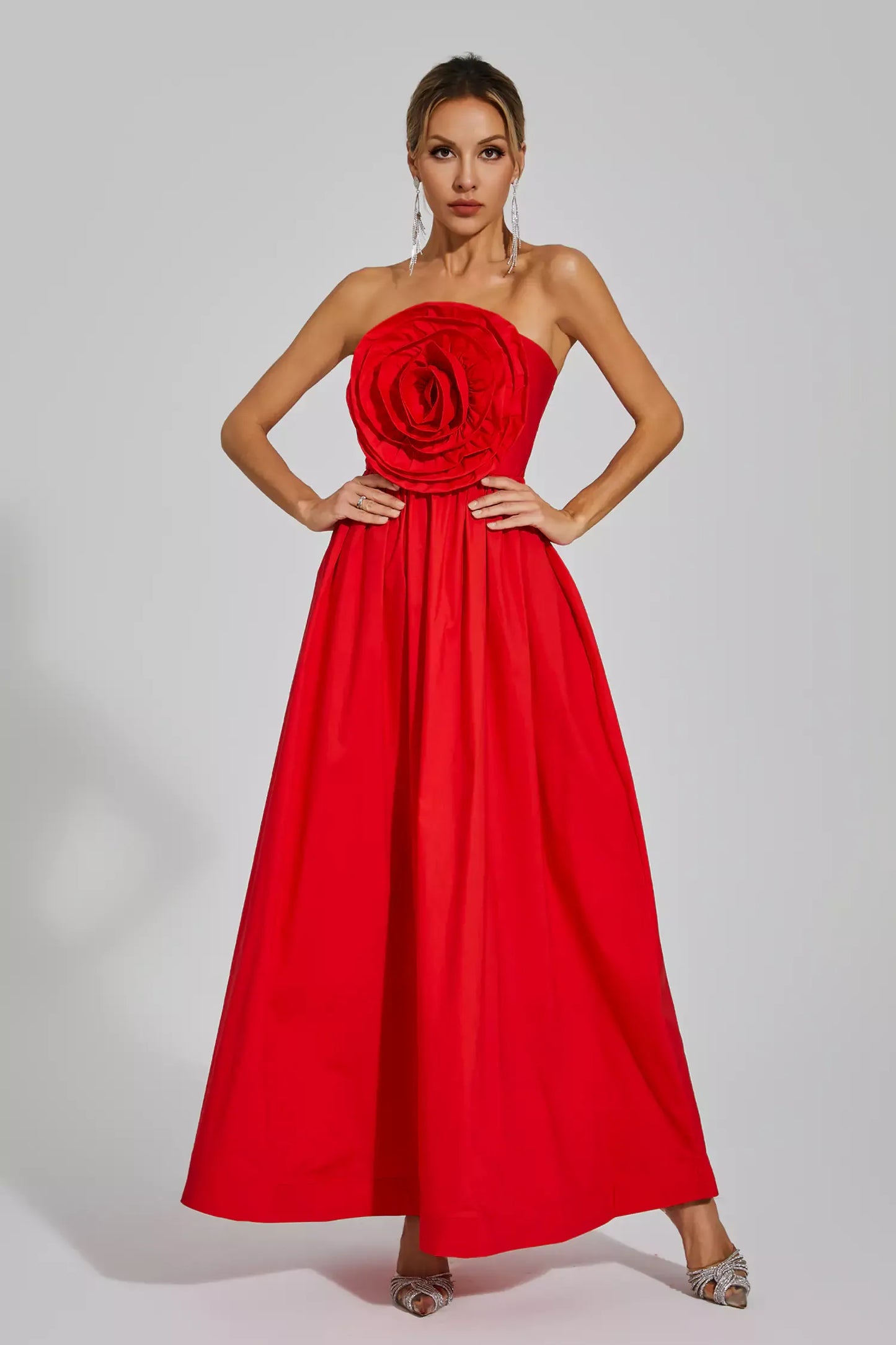 Tori Red Rose Flower Off Shoulder Maxi Dress