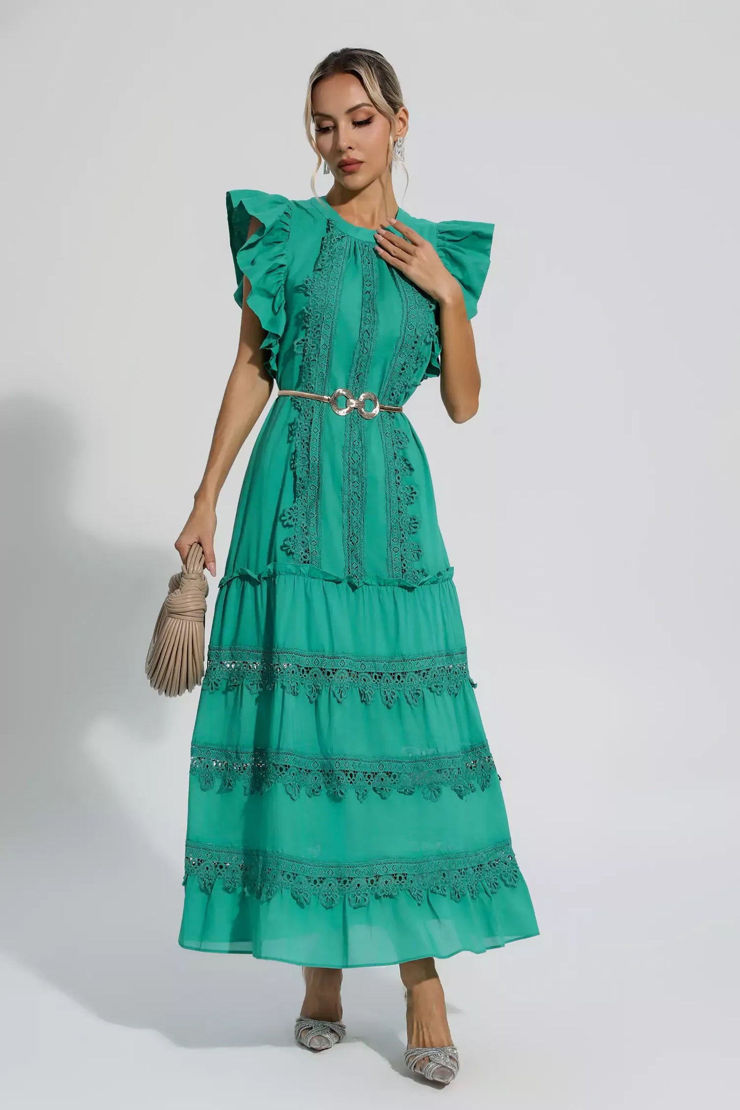 Treasure Green Embroidered Belted Maxi Dress