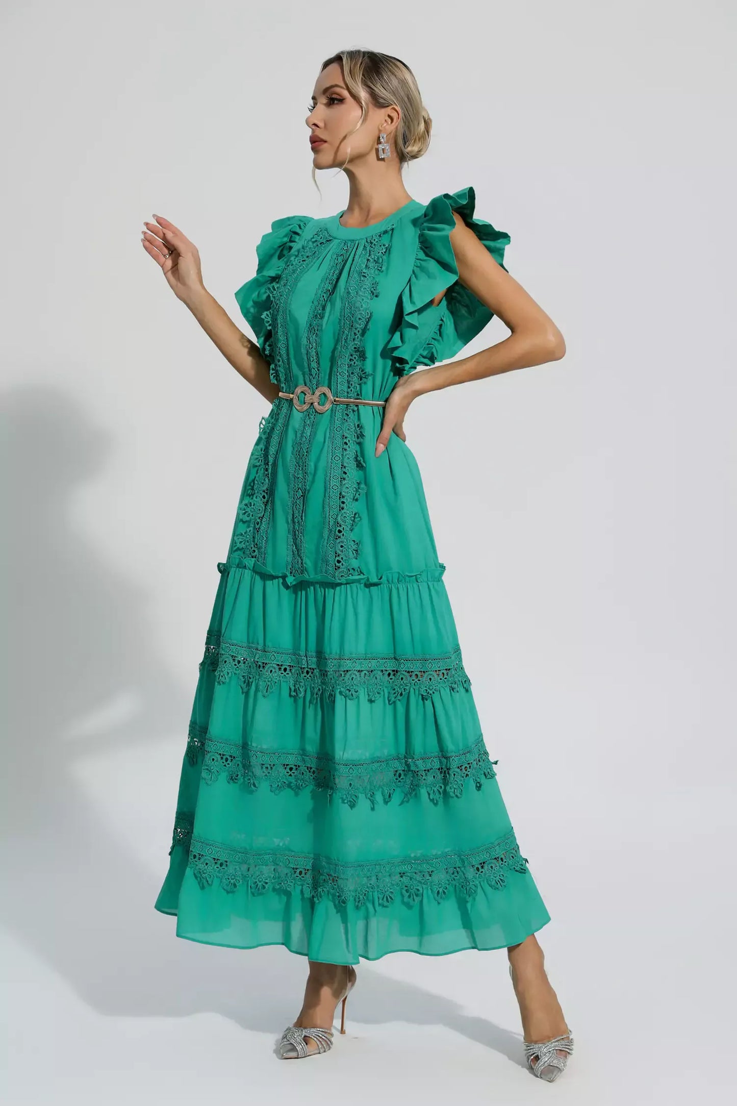 Treasure Green Embroidered Belted Maxi Dress