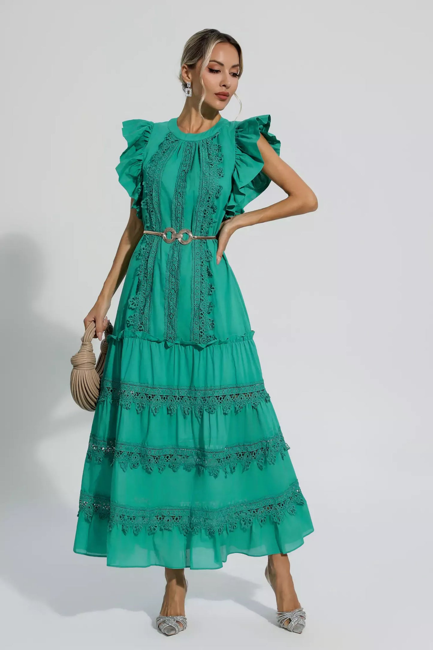 Treasure Green Embroidered Belted Maxi Dress