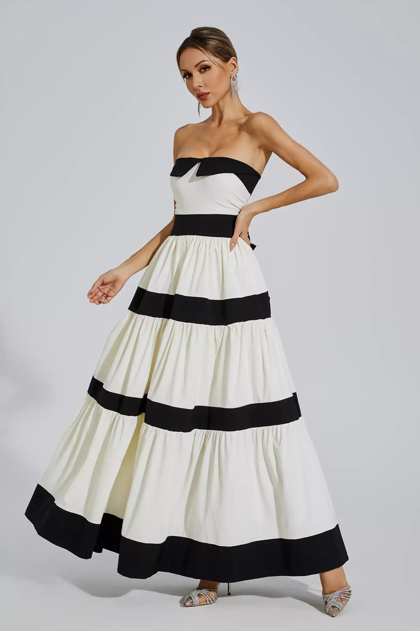 Valery White Striped Bowknot Maxi Dress