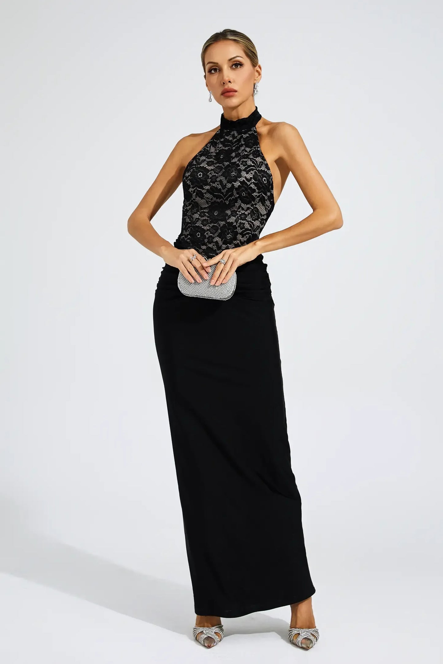 Noelani Black Lace Off Shoulder Maxi Dress