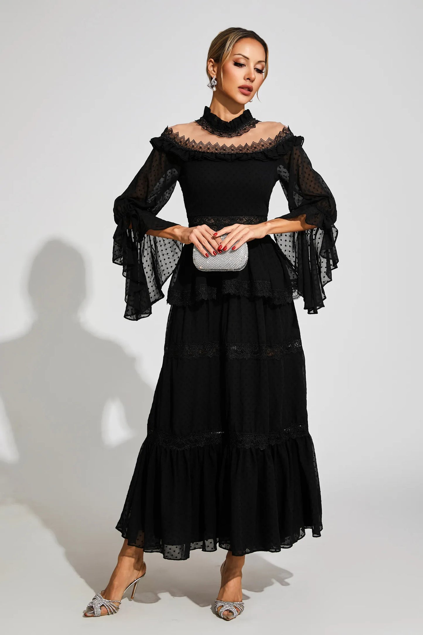 Nivara Black Lace Long Sleeve Maxi Dress