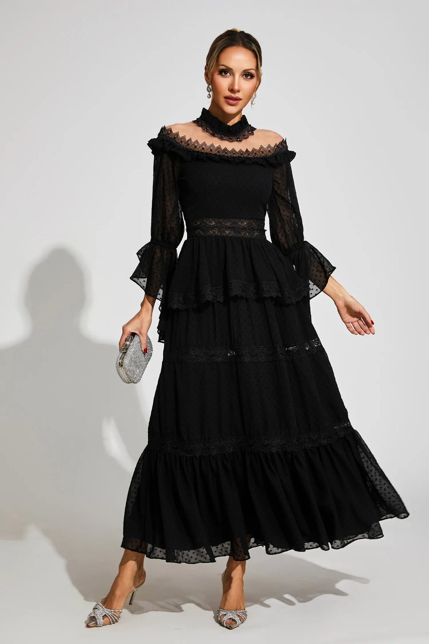 Nivara Black Lace Long Sleeve Maxi Dress