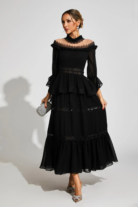 Nivara Black Lace Long Sleeve Maxi Dress