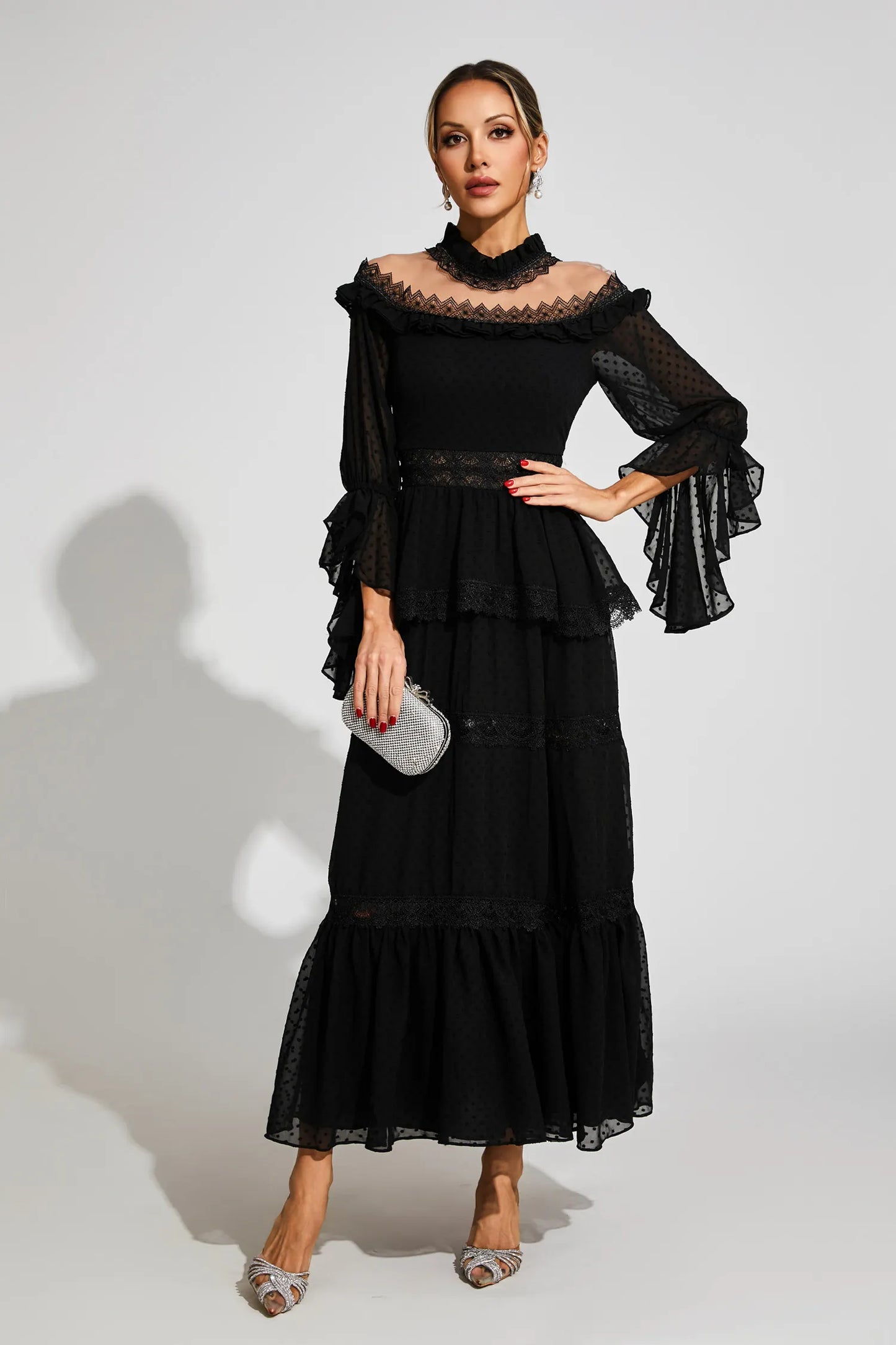 Nivara Black Lace Long Sleeve Maxi Dress