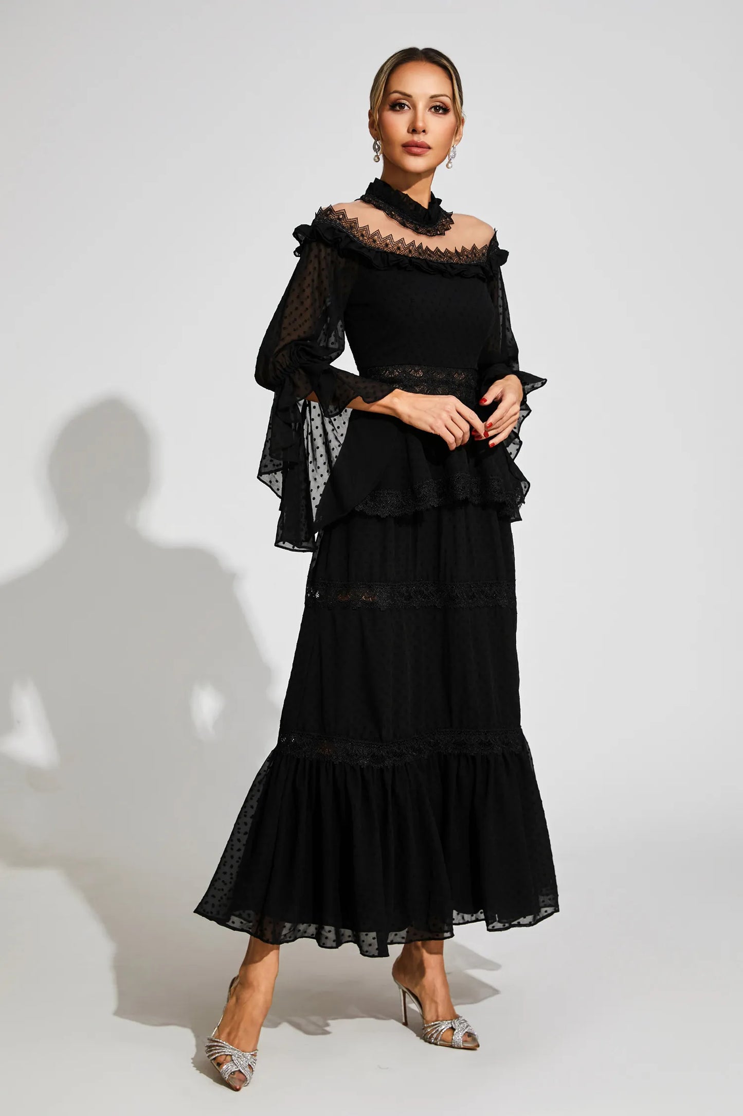 Nivara Black Lace Long Sleeve Maxi Dress